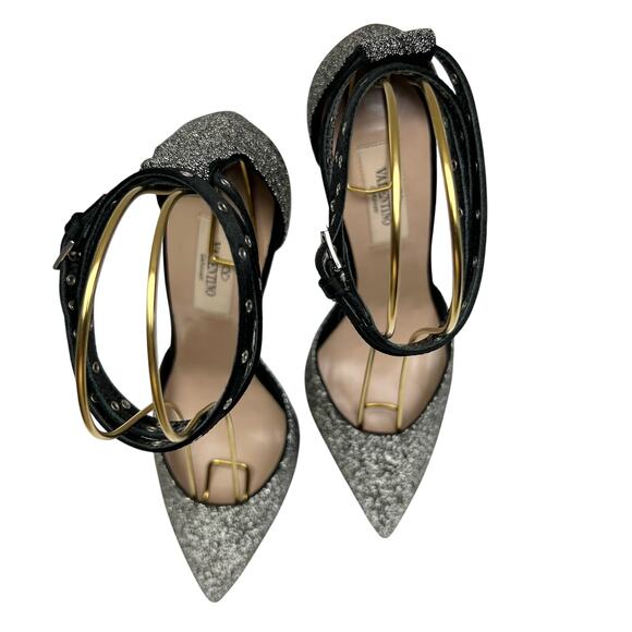 VALENTINO GARAVANI Glitter Ankle Strap Pumps EU 38 US 8 Silver Metallic Heels - Picture 8 of 11